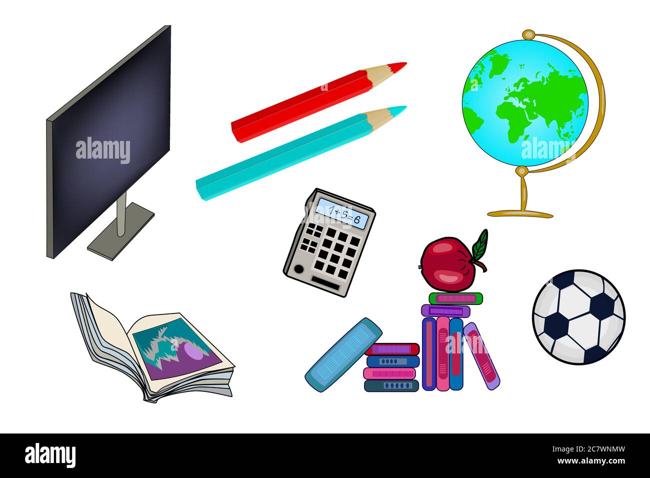 Satz von Schulbedarf isoliert auf weißem Hintergrund. Zurück zur Schule. Schreibwaren und Schulbedarf Symbole. Farbenfrohe Büroaccessoires. Stock-Vektor Stock Vektor