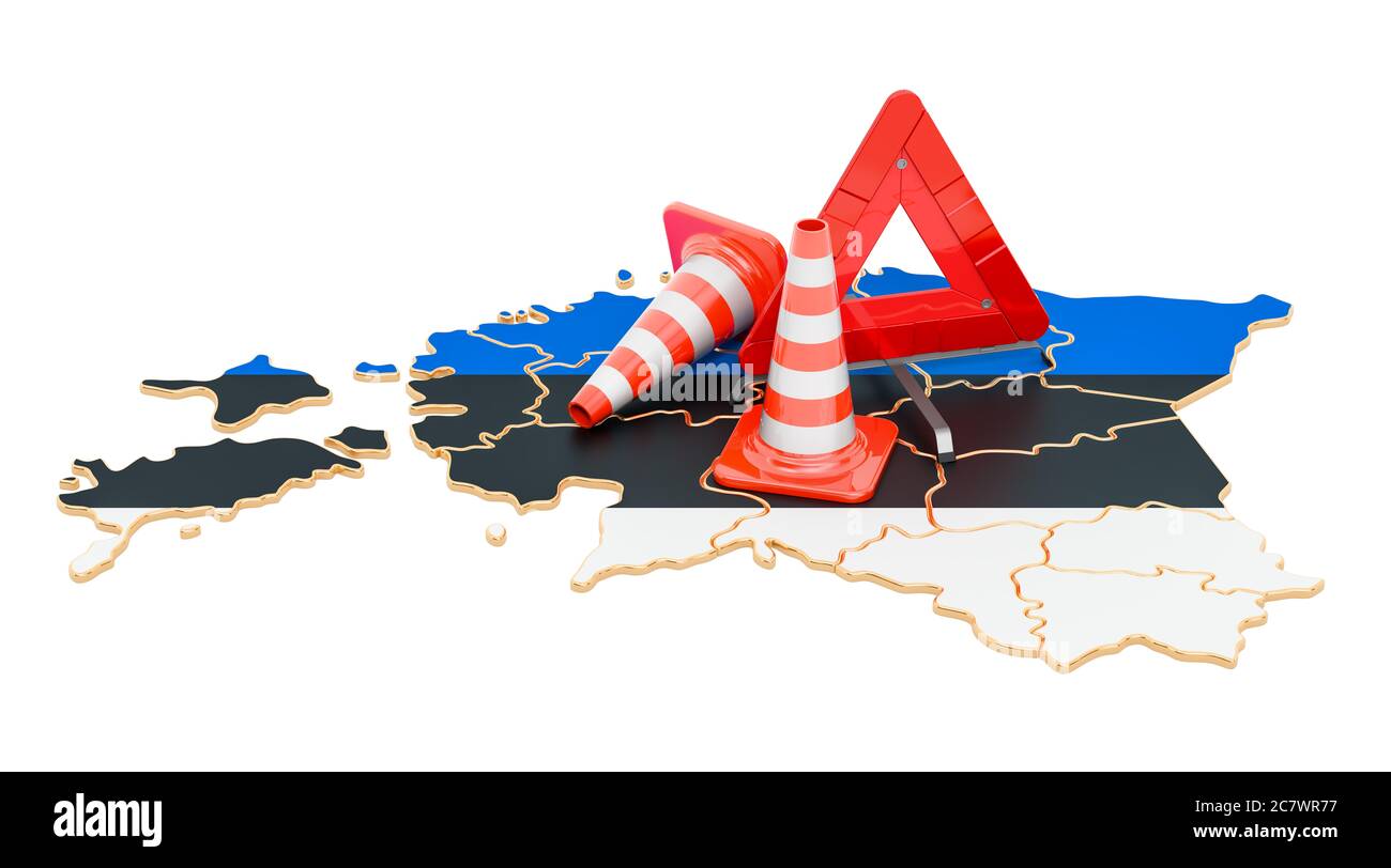 Estnische Karte mit Verkehrskegel und Warndreieck, 3D-Darstellung isoliert auf weißem Hintergrund Stockfoto