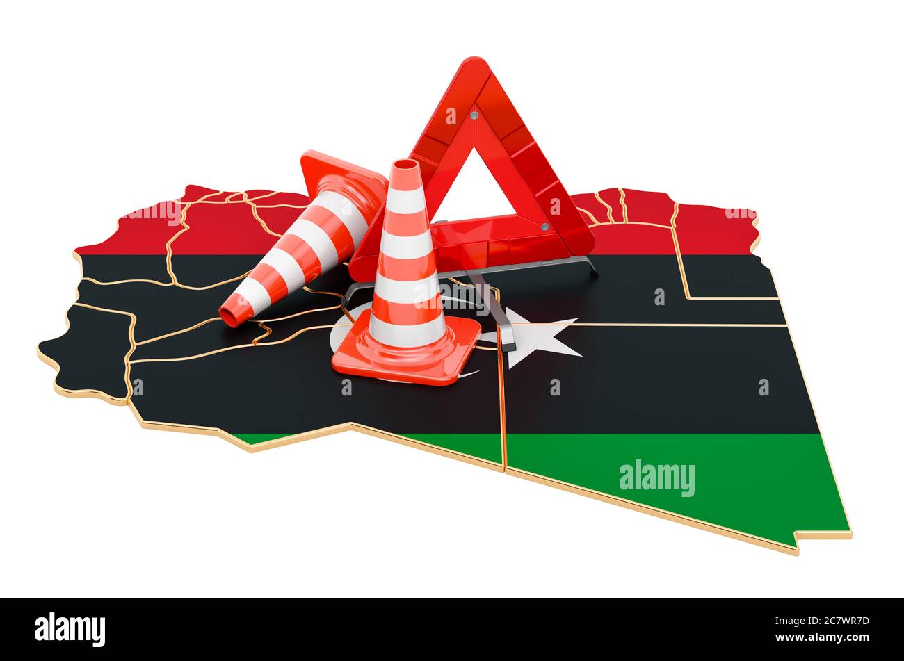 Libysche Karte mit Verkehrskegel und Warndreieck, 3D-Rendering isoliert auf weißem Hintergrund Stockfoto