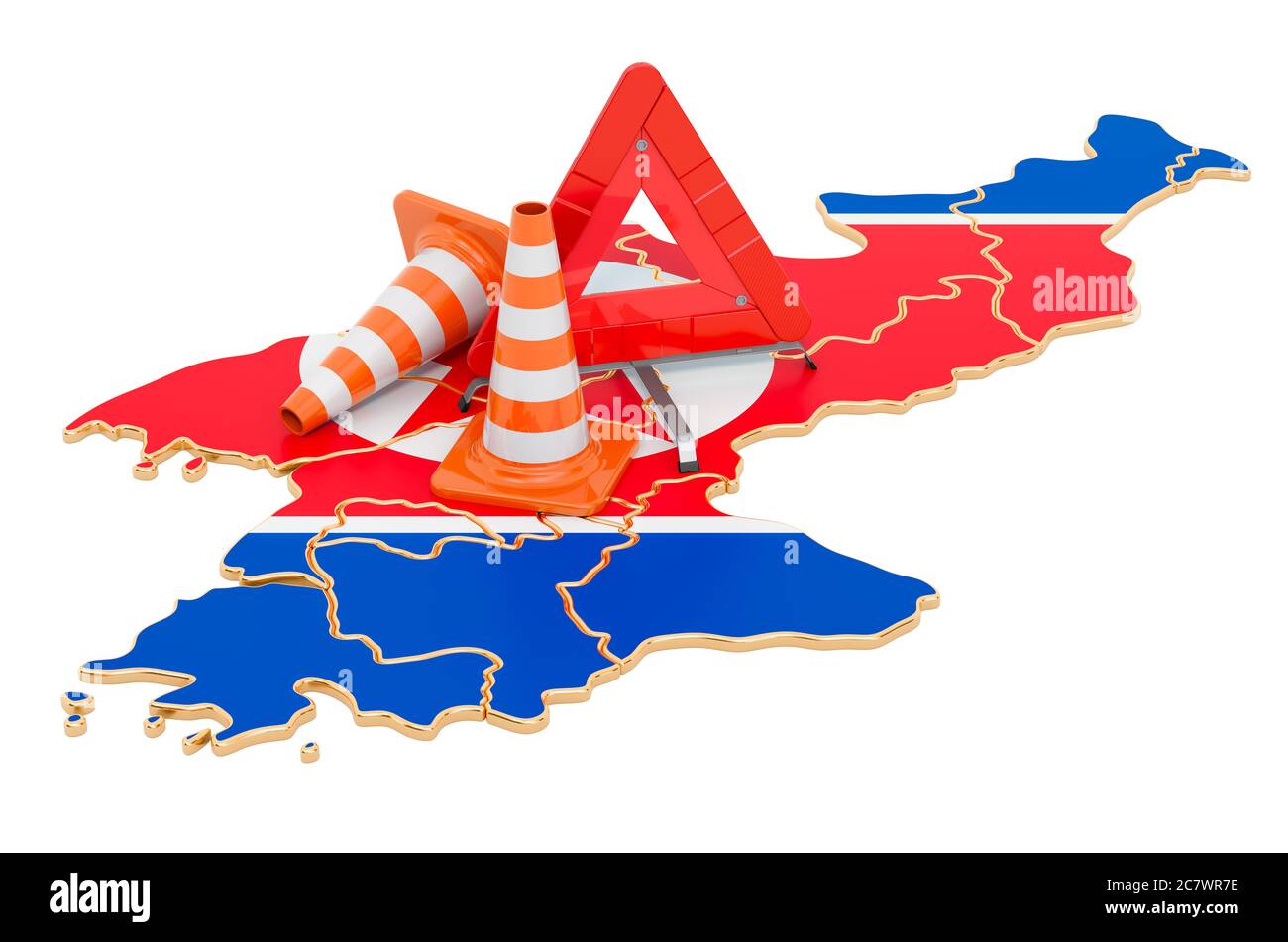 Nordkoreanische Karte mit Verkehrskegel und Warndreieck, 3D-Rendering isoliert auf weißem Hintergrund Stockfoto