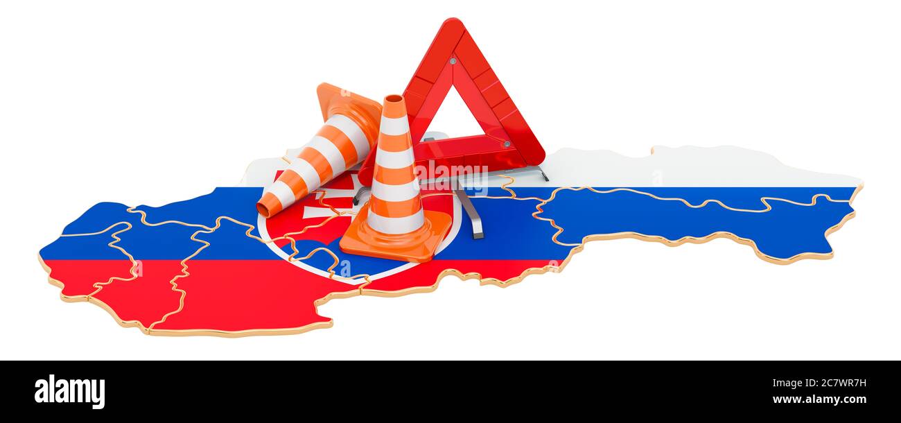 Slowakische Karte mit Verkehrskegel und Warndreieck, 3D-Rendering isoliert auf weißem Hintergrund Stockfoto