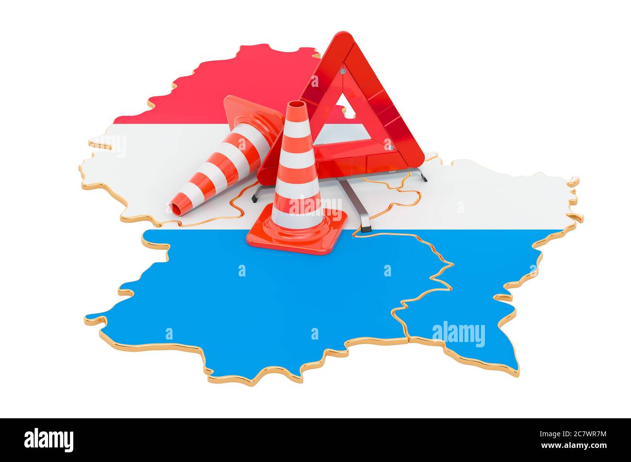 Luxemburgische Karte mit Verkehrskegel und Warndreieck, 3D-Darstellung isoliert auf weißem Hintergrund Stockfoto