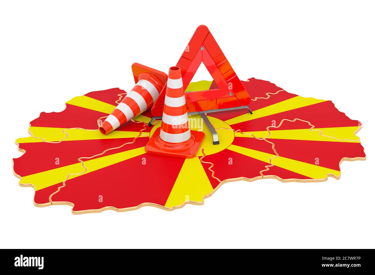 Mazedonische Karte mit Verkehrskegel und Warndreieck, 3D-Rendering isoliert auf weißem Hintergrund Stockfoto