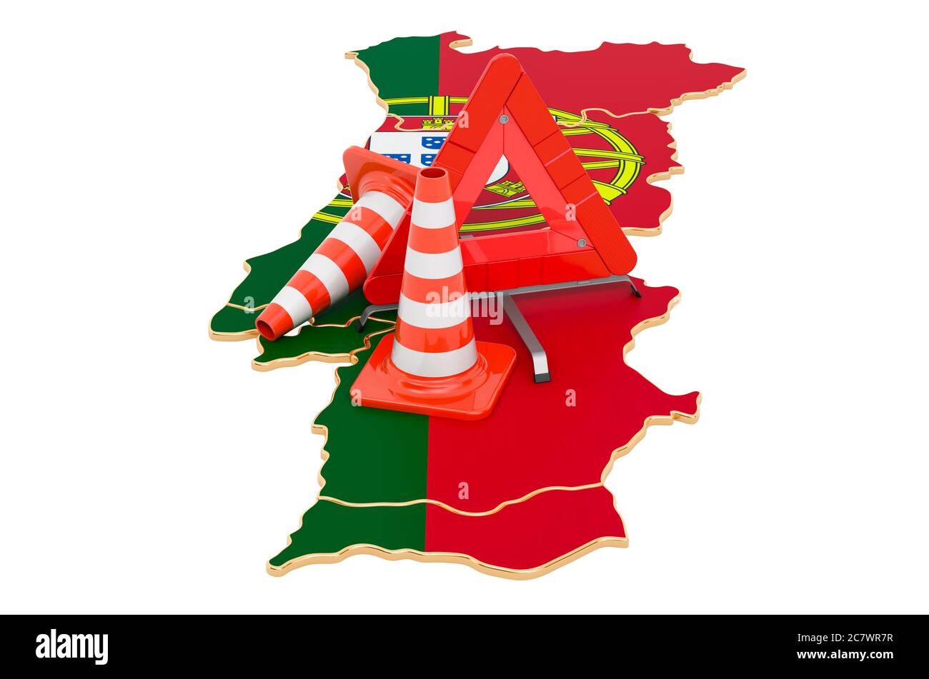 Portugiesische Karte mit Verkehrskegel und Warndreieck, 3D-Darstellung isoliert auf weißem Hintergrund Stockfoto