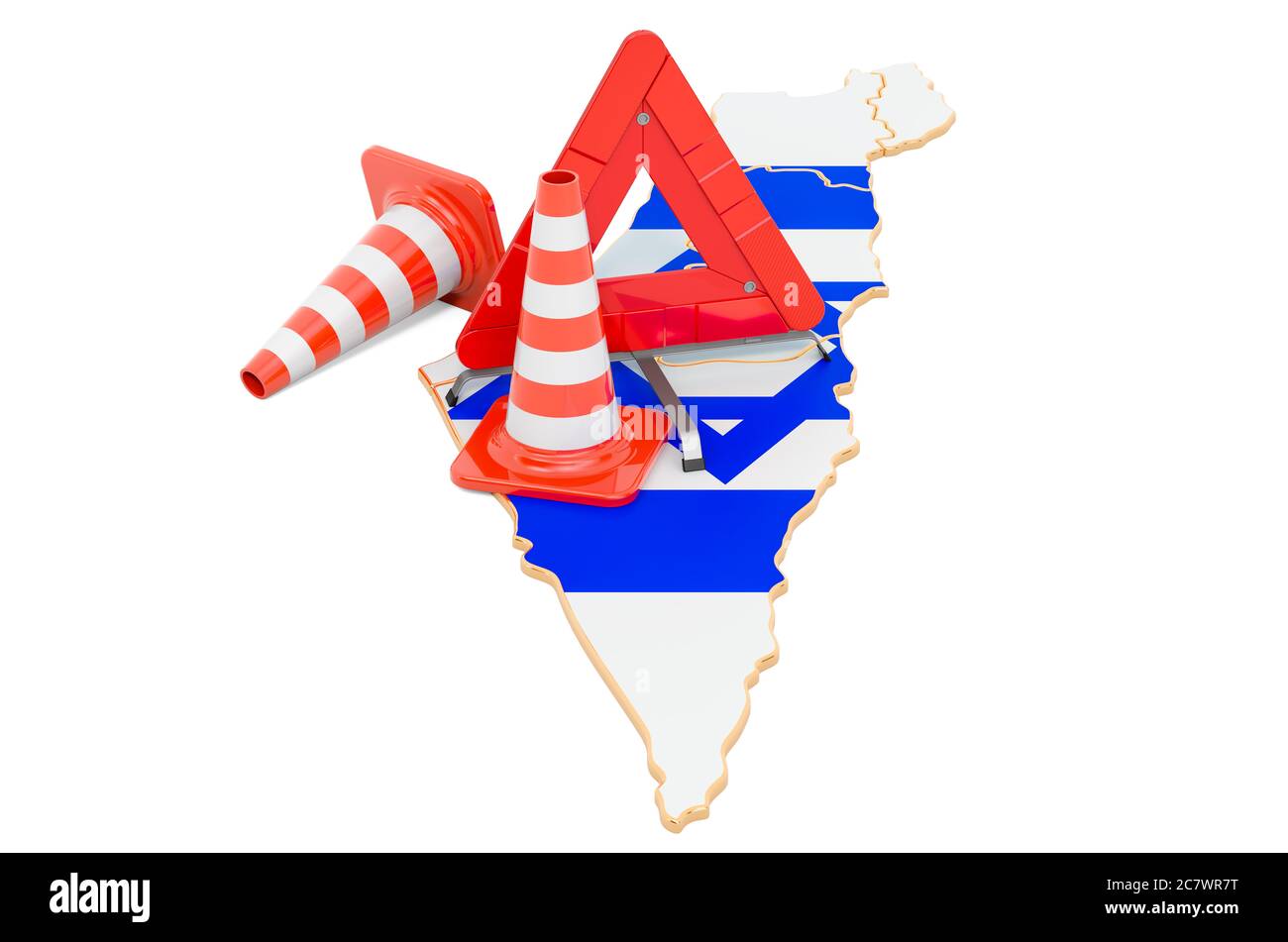 Israelische Karte mit Verkehrskegel und Warndreieck, 3D-Rendering isoliert auf weißem Hintergrund Stockfoto