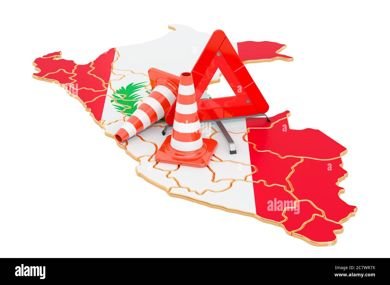 Peruanische Karte mit Verkehrskegel und Warndreieck, 3D-Rendering isoliert auf weißem Hintergrund Stockfoto