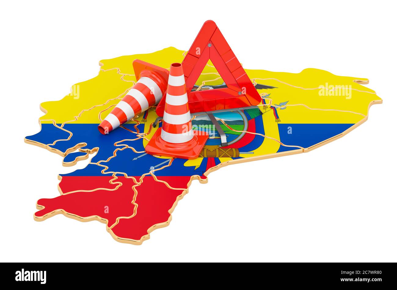 Ecuadorianische Karte mit Verkehrskegel und Warndreieck, 3D-Rendering isoliert auf weißem Hintergrund Stockfoto