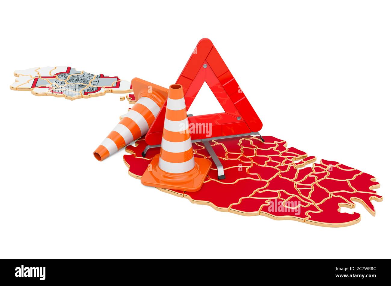 Maltesische Karte mit Verkehrskegel und Warndreieck, 3D-Darstellung isoliert auf weißem Hintergrund Stockfoto
