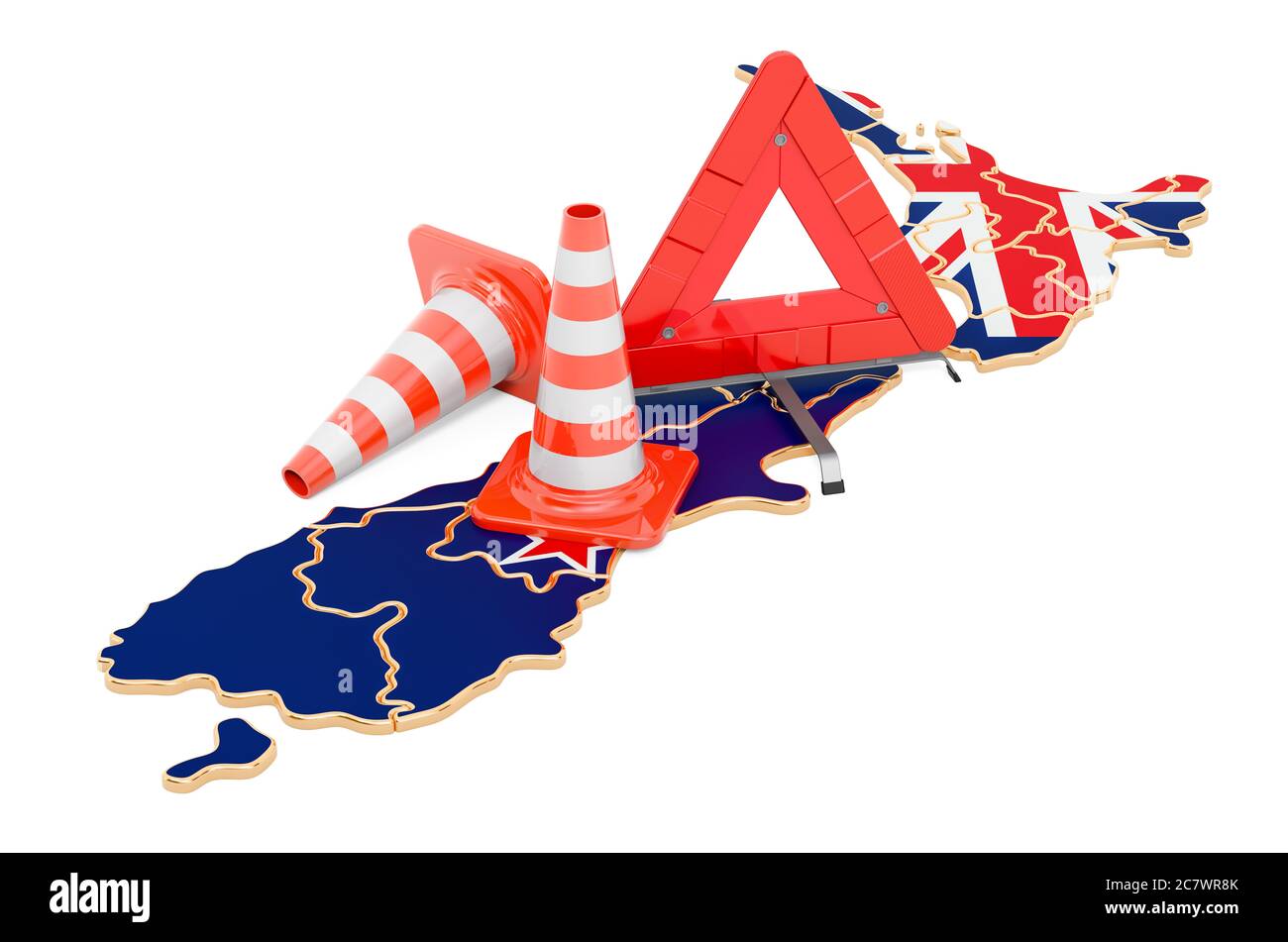 Neuseeland-Karte mit Verkehrskegel und Warndreieck, 3D-Rendering isoliert auf weißem Hintergrund Stockfoto