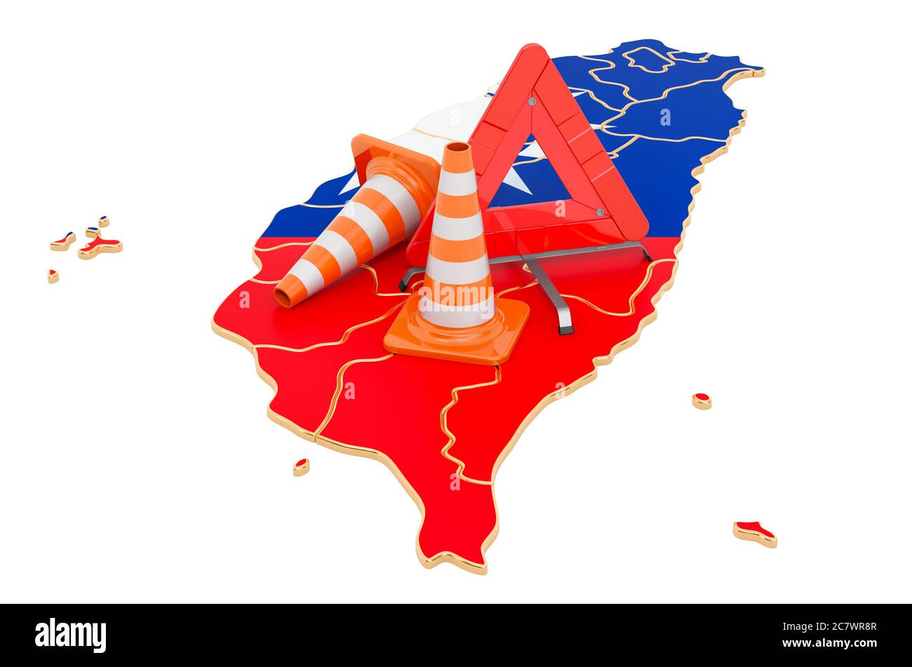Thai Karte mit Verkehrskegel und Warndreieck, 3D Rendering isoliert auf weißem Hintergrund Stockfoto