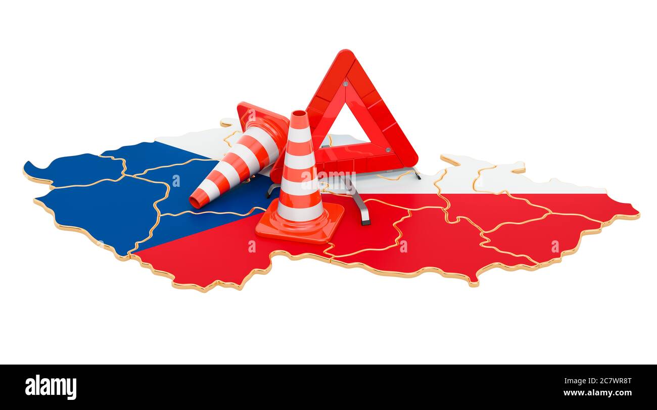 Karte der Tschechischen Republik mit Verkehrskegel und Warndreieck, 3D-Rendering isoliert auf weißem Hintergrund Stockfoto