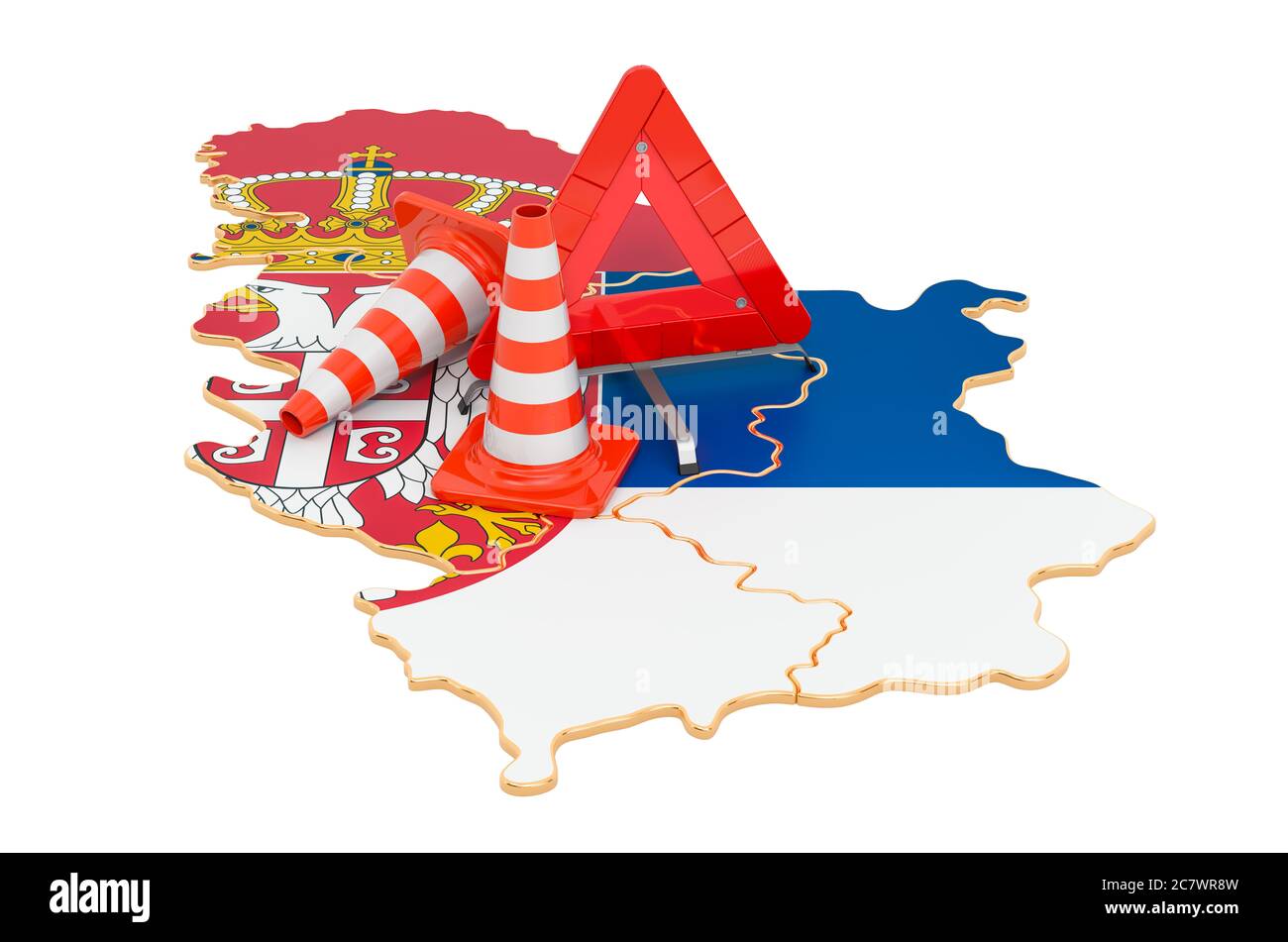 Serbische Karte mit Verkehrskegel und Warndreieck, 3D-Rendering isoliert auf weißem Hintergrund Stockfoto