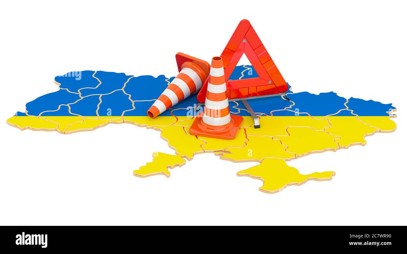 Ukrainische Karte mit Verkehrskegel und Warndreieck, 3D-Rendering isoliert auf weißem Hintergrund Stockfoto