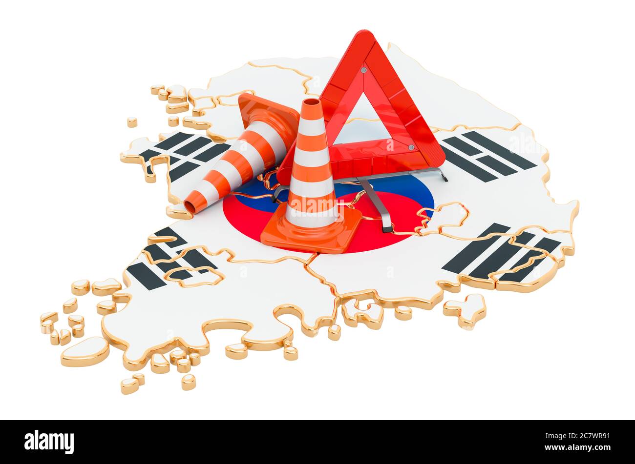 Südkoreanische Karte mit Verkehrskegel und Warndreieck, 3D-Rendering isoliert auf weißem Hintergrund Stockfoto