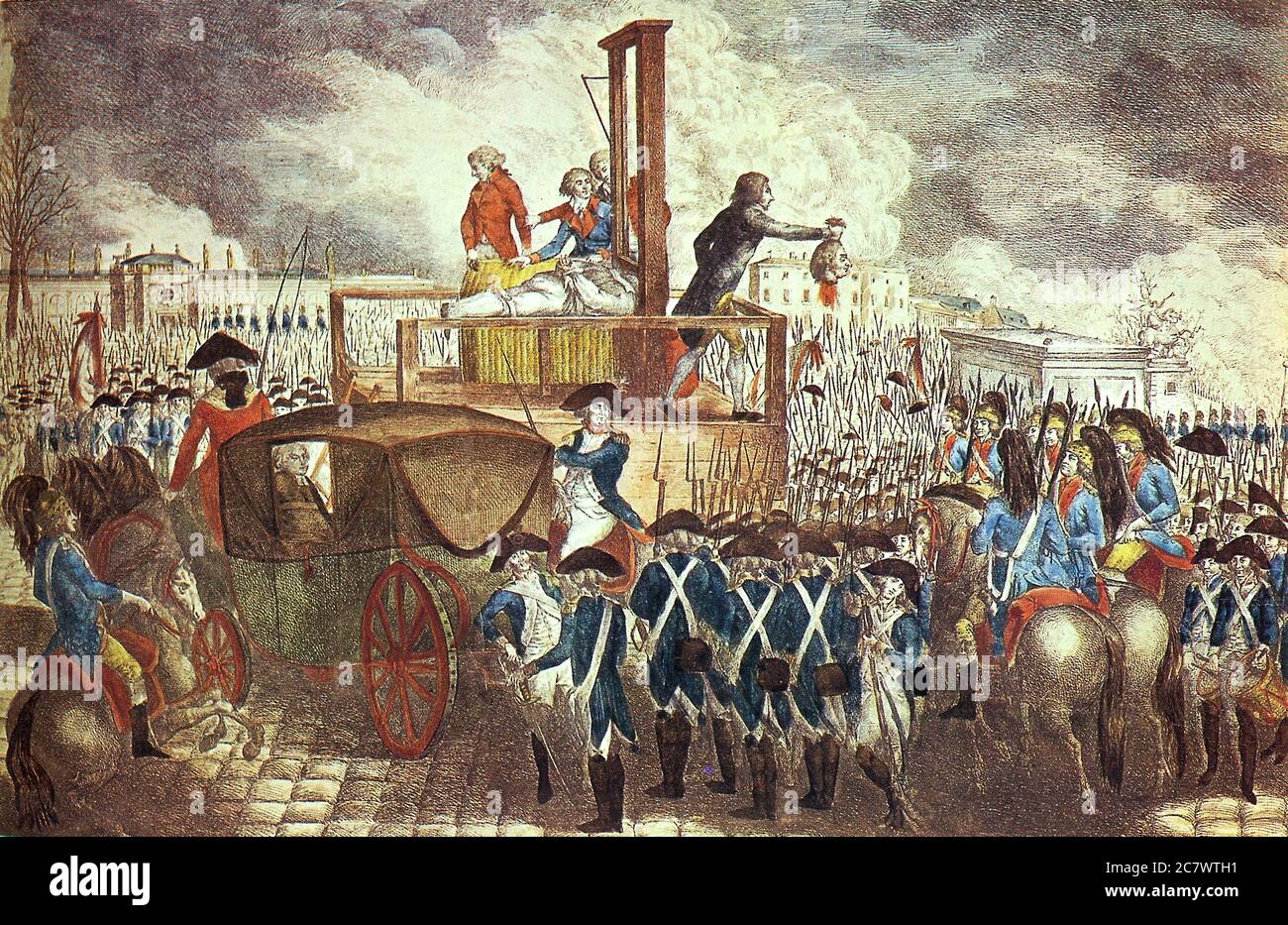 "Hinrichtung Ludwigs XVI." – von Georg Heinrich Sieveking. Die Hinrichtung Ludwigs XVI. Durch die Guillotine, ein wichtiges Ereignis der Französischen Revolution, fand am 21. Januar 1793 auf dem Place de la Révolution statt Stockfoto