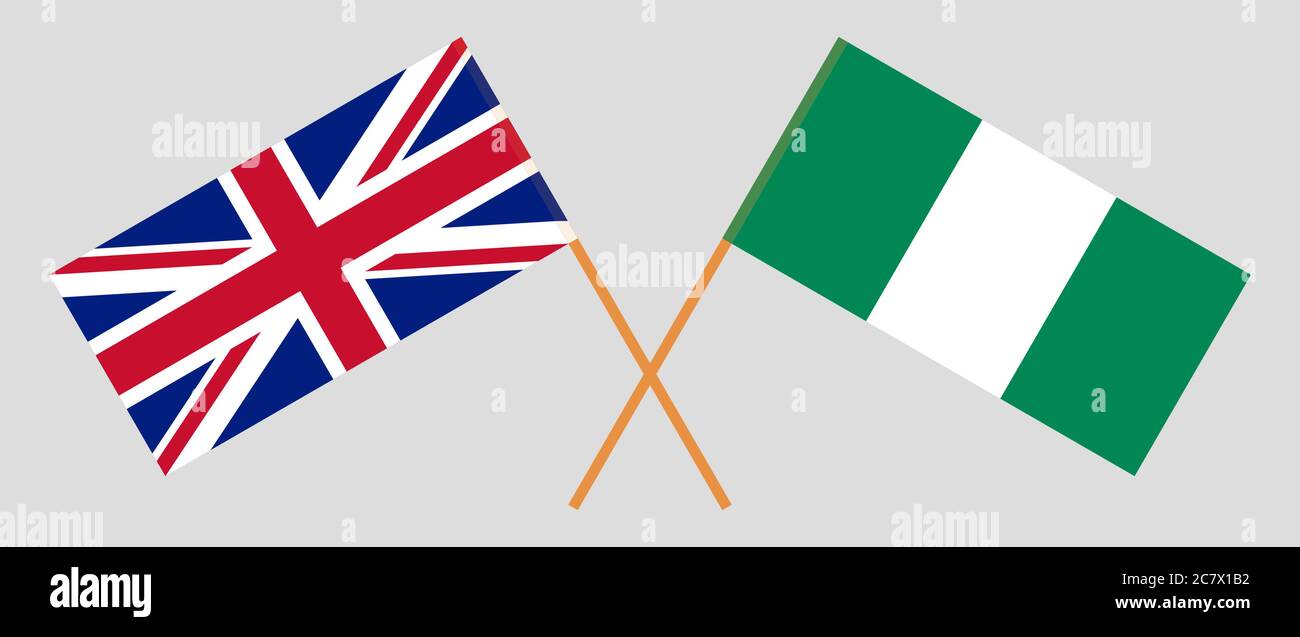 Gekreuzte Flaggen von Nigeria und Großbritannien. Offizielle Farben. Korrektes Verhältnis. Vektorgrafik Stock Vektor