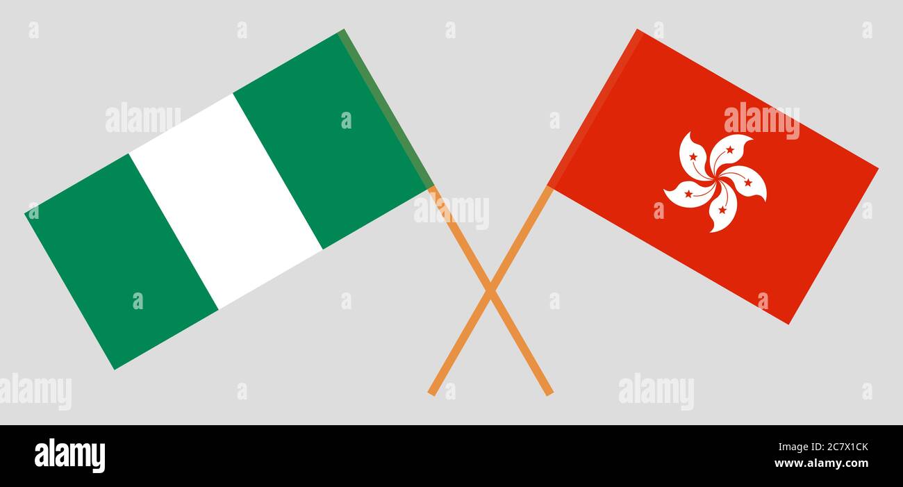 Gekreuzte Flaggen von Nigeria und Hongkong. Offizielle Farben. Korrektes Verhältnis. Vektorgrafik Stock Vektor