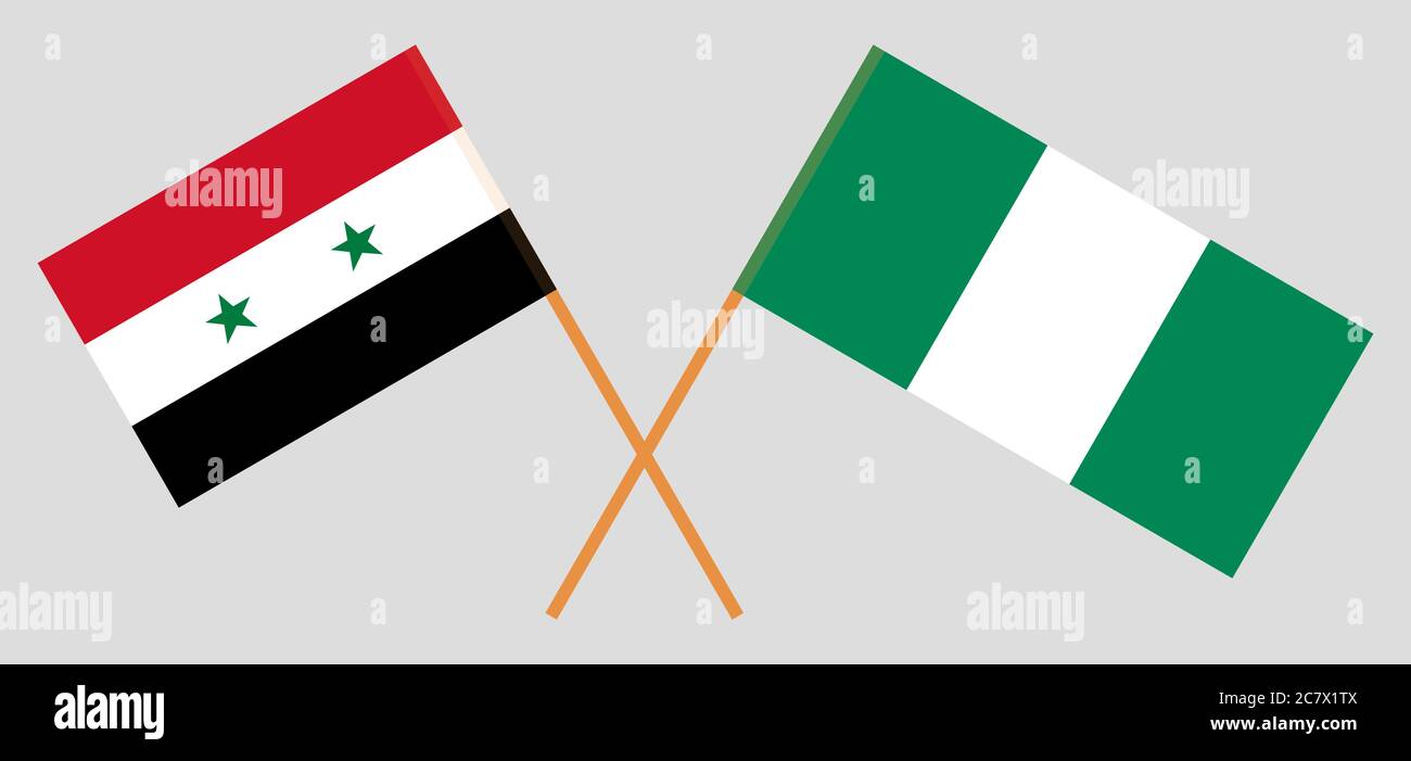 Gekreuzte Flaggen von Nigeria und Syrien. Offizielle Farben. Korrektes Verhältnis. Vektorgrafik Stock Vektor