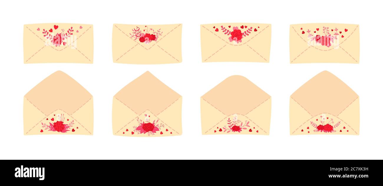 Flacher Vintage-Umschlag. Geöffneter oder geschlossener Briefumschlag. Cartoon valentinstag oder Hochzeit Umschläge für Briefe. Newsletter oder Einladungsübergabe, Gratulation. Isolierte Vektordarstellung Stock Vektor