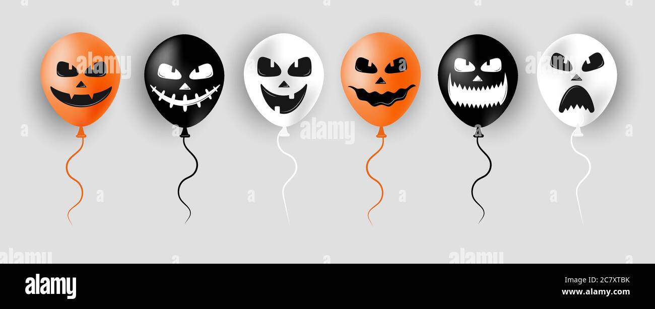 Halloween Ballons. Beängstigende Luftballons in Orange, Schwarz und Weiß. Gruseliges Gesicht auf Ballon zum Verkauf Banner oder Poster. Urlaub Cartoon-Figur. Vektor Stock Vektor