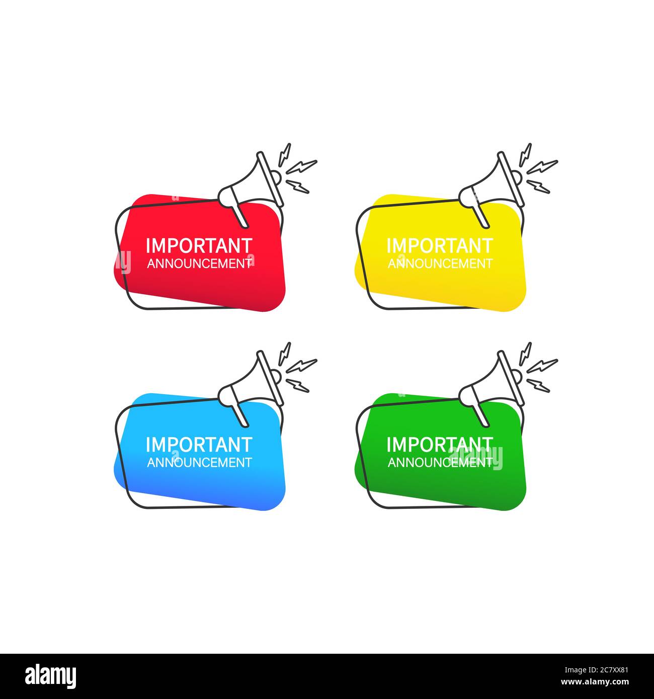 Wichtige Ankündigung. Sprechblasensymbol eingestellt. Werbeschild. Vektor auf isoliertem weißem Hintergrund. EPS 10. Stock Vektor