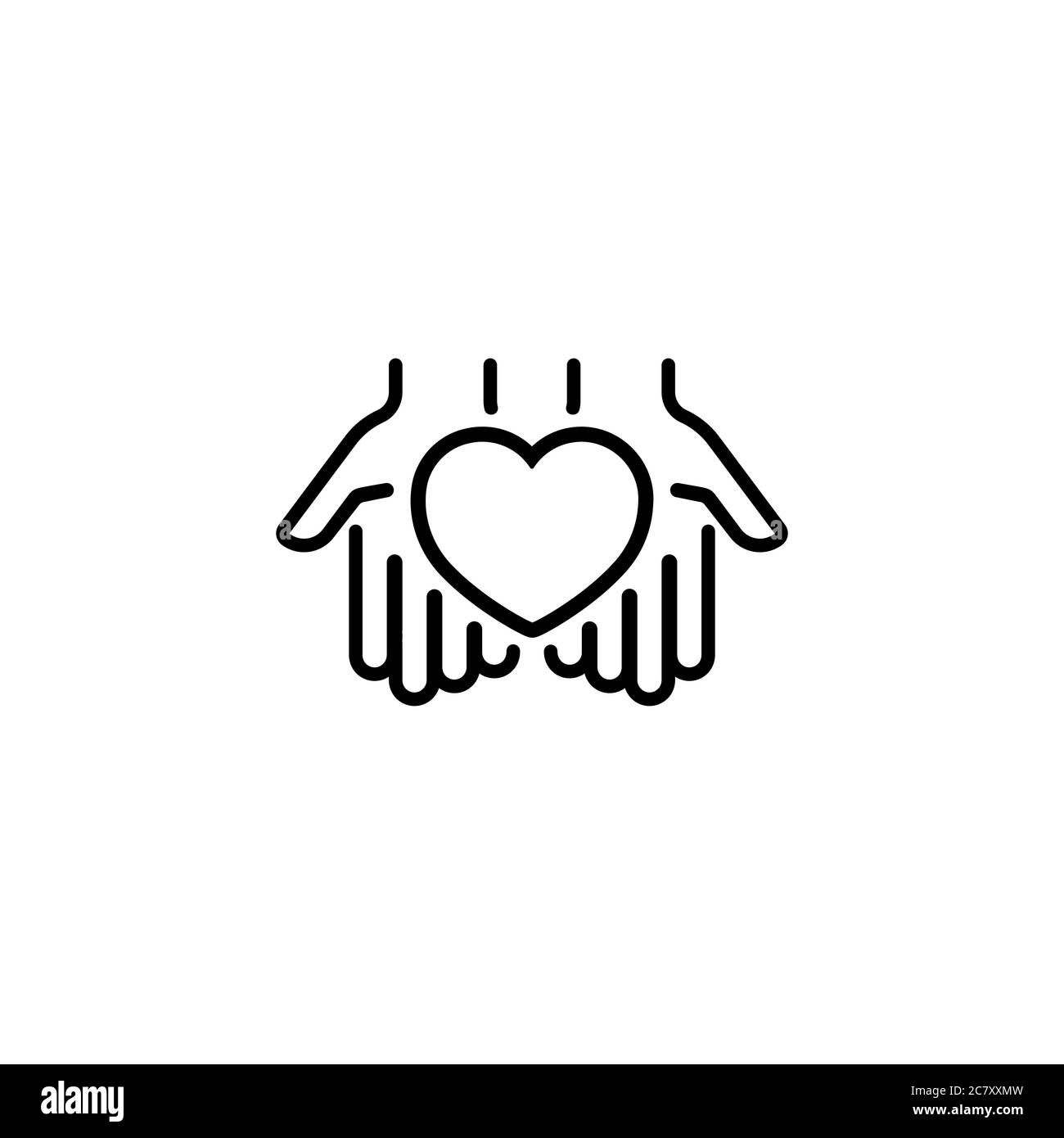 Herz in Handflächen dünne Linie Symbol. Hände geben ein Herz. Liebe oder Gesundheitswesen Konzept. Charity Freiwilliger Symbol, Logo. Vektor auf isoliertem weißem Hintergrund Stock Vektor