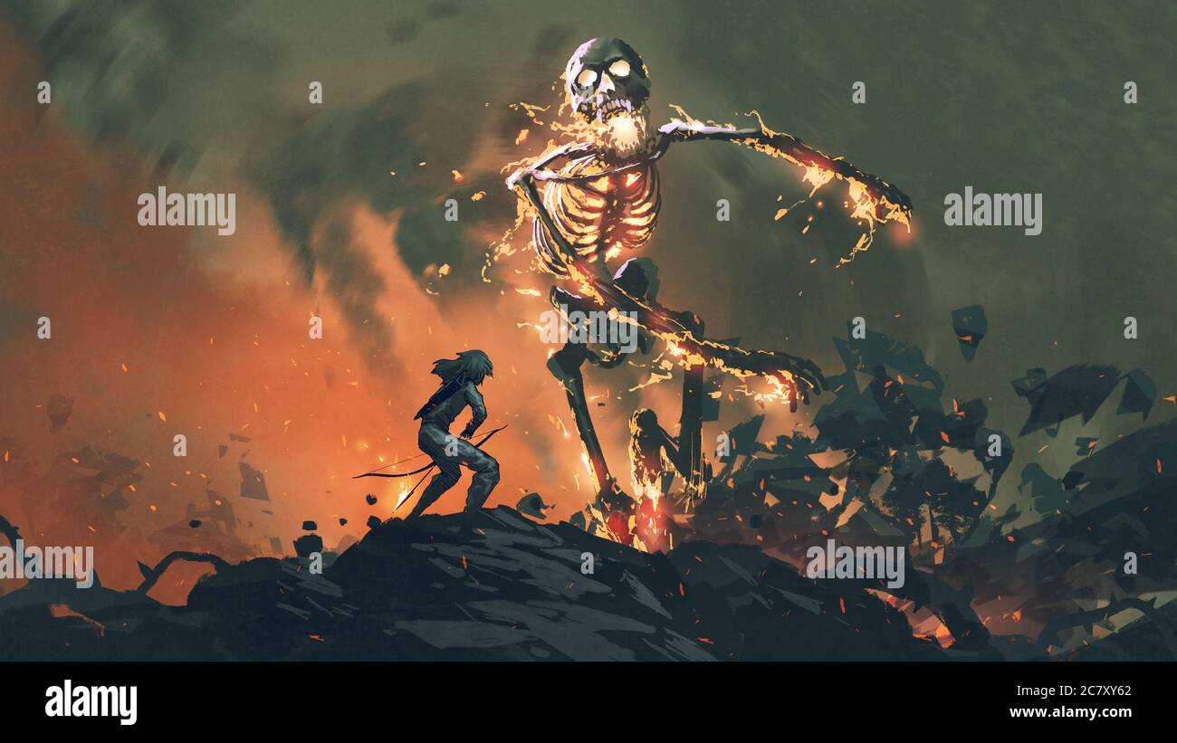 Mann mit einer Schleife Gesicht zu Gesicht mit einem flammenden Skelett, digitale Kunst Stil, Illustration Malerei Stockfoto