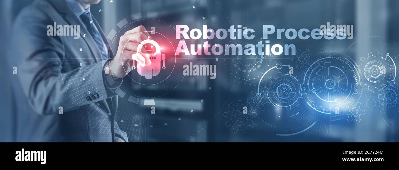 RPA Robotic Process Automation. Technologiekonzept auf virtuellem Bildschirm. AI-Algorithmus Analyse Geschäft. Stockfoto