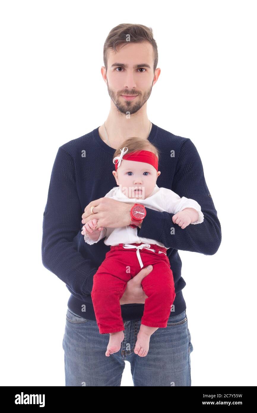 Glücklicher Vater und kleine Tochter isoliert auf weißem Hintergrund Stockfoto