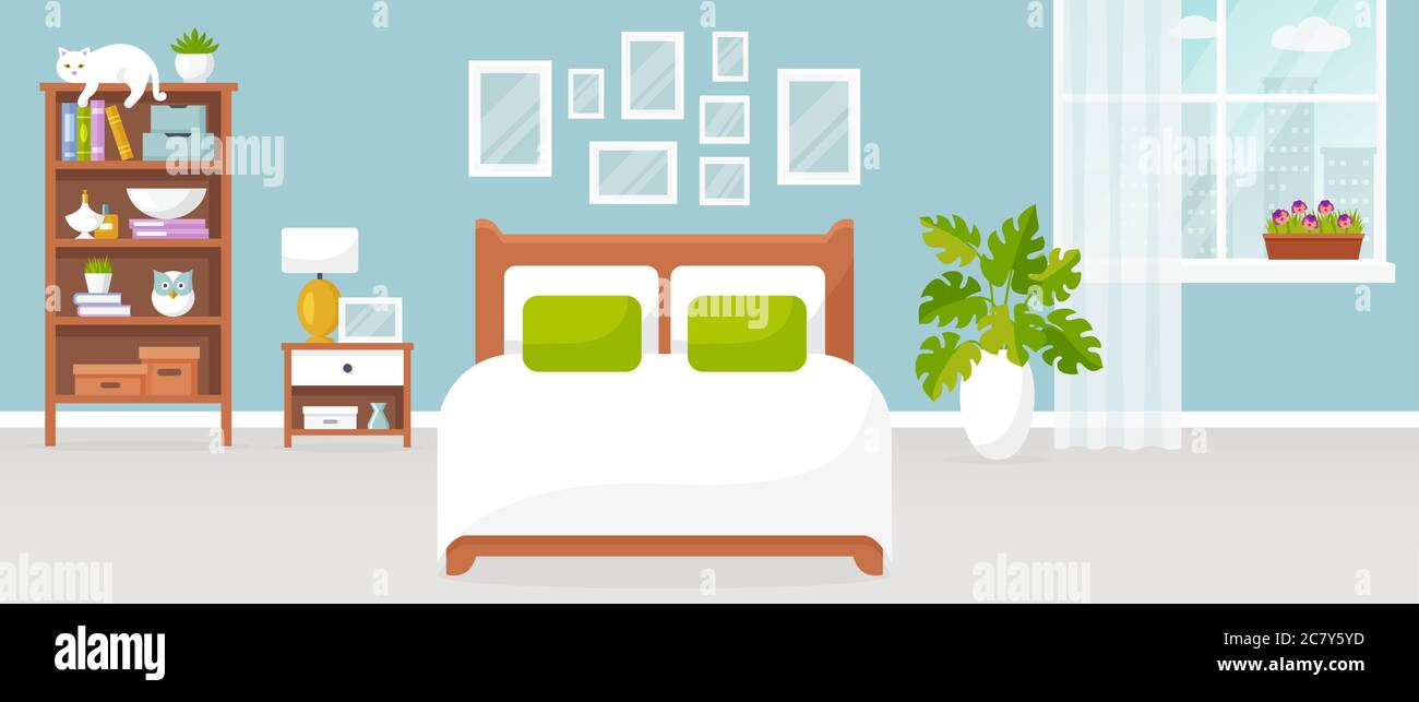 Schlafzimmer innen. Vektorgrafik. Design eines modernen Zimmers mit Doppelbett, Nachttisch, Regal, Fenster und Einrichtungsaccessoires. Zu Hause. Stock Vektor