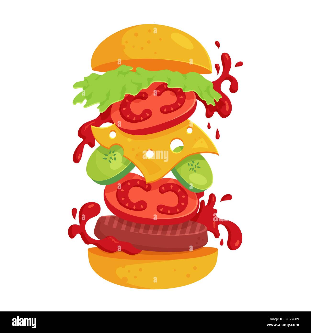 Hamburger - Vektorgrafik isoliert auf weißem Hintergrund. Fast Food Konzept mit fliegenden Zutaten. Saftiger und attraktiver Burger. Stock Vektor