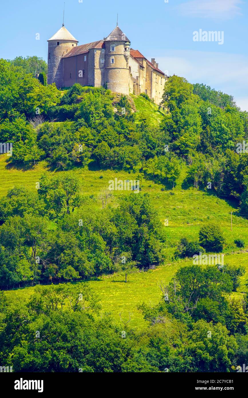 Mittelalterliches Schloss von Belvoir im Département Doubs der Region Bourgogne-Franche-Comte in Frankreich. Stockfoto