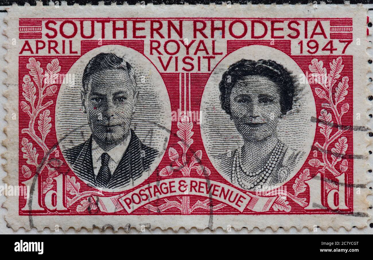 Königliche Besichtigung von Südrhodesien April 1947 - König George VI Und Elizabeth - 1D Briefmarke Stockfoto