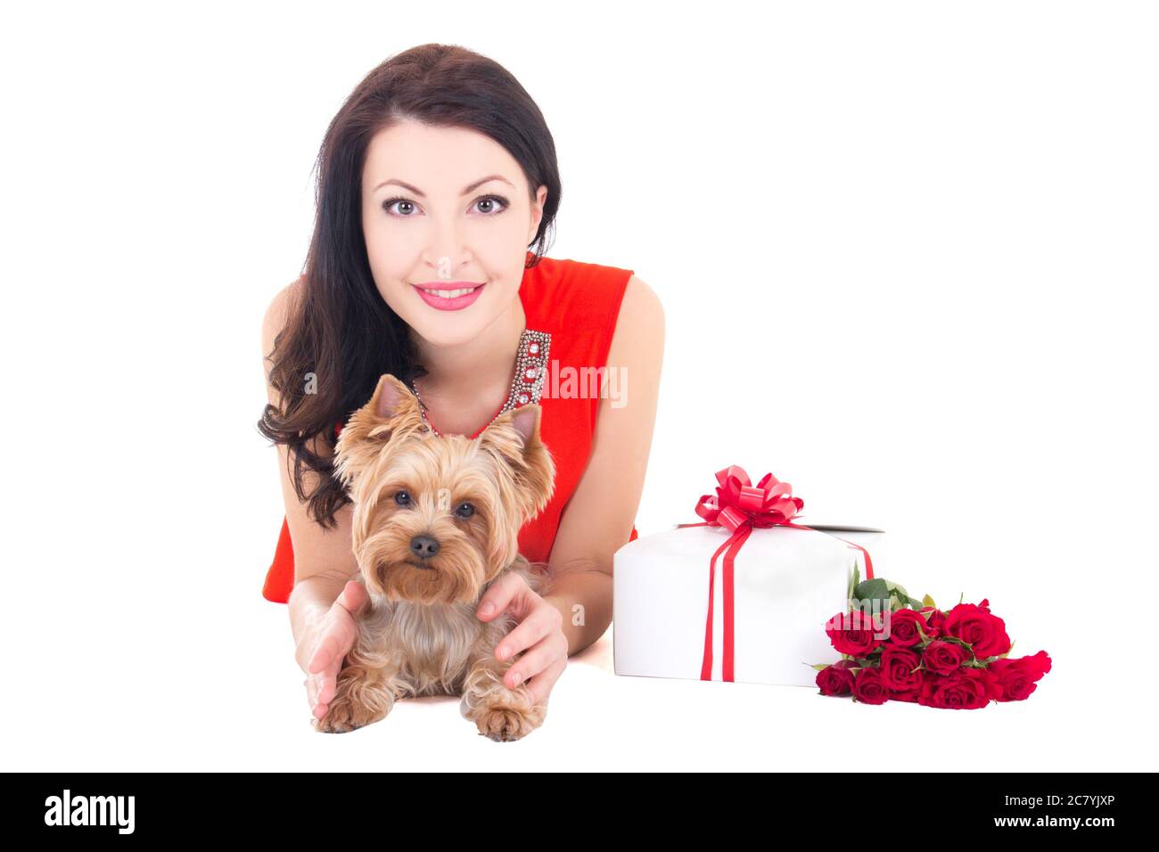 Schöne Frau liegt mit kleinen Hund yorkshire Terrier, Geschenkbox und Blumen isoliert auf weißem Hintergrund Stockfoto