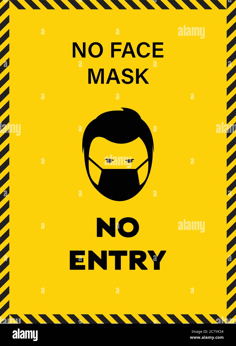 Aufkleber mit dem Text, No Face Mask kein Eintrag, Vektor-Illustration, Gelb und Schwarz Aufkleber für Gesichtsmaske tragen mit Gesichtsmaske Zeichen Stock Vektor