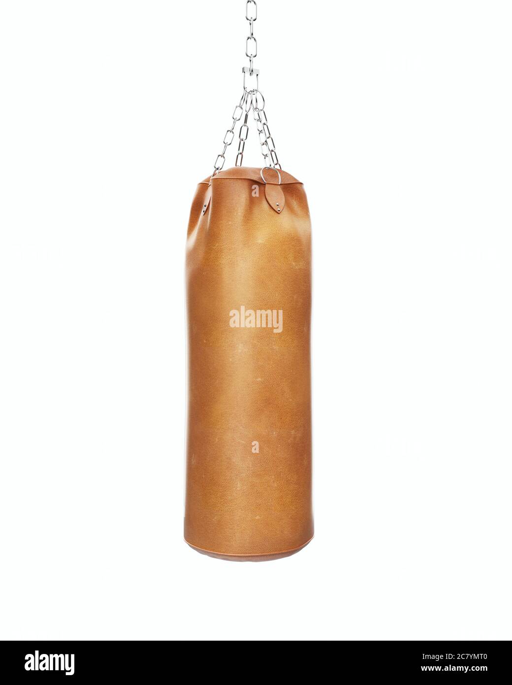 Fotorealistisches 3D-Rendering eines einzelnen braunen hochwertigen Boxsäckels aus Leder für das Training. Metallkette. Isolieren auf weißem Hintergrund Stockfoto