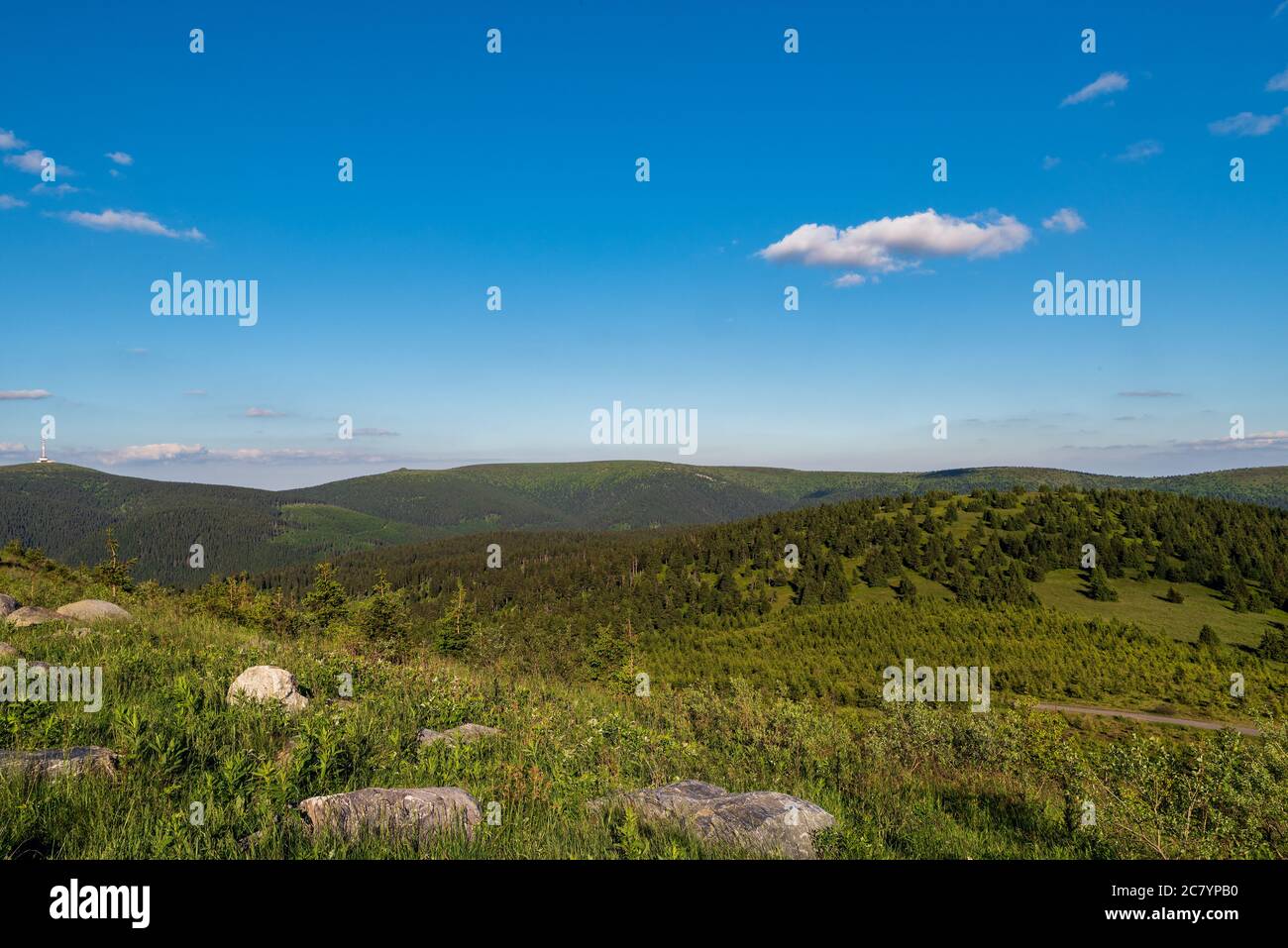 Praded, Petrovy kameny, Vysoka Loch und Vresnik Hügel vom Dlouhe Strane Hügel Gipfel in Jeseniky Berge in der Tschechischen republik Stockfoto