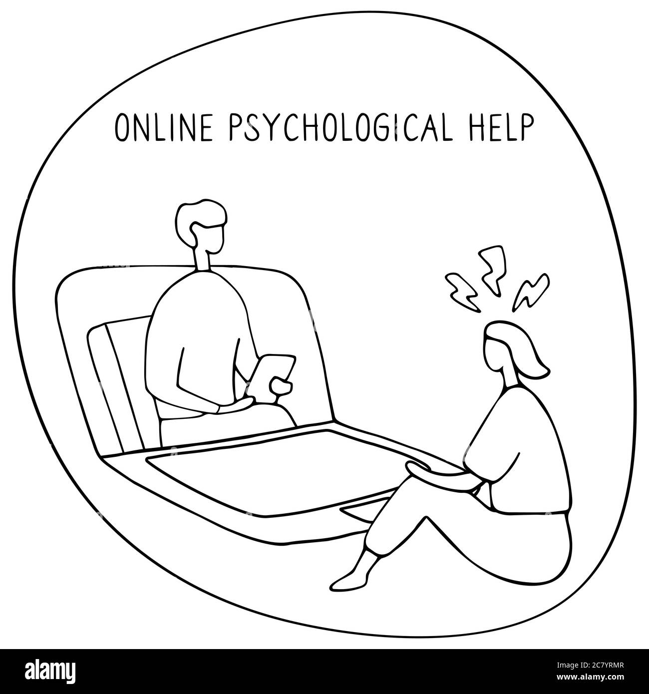 Frau bei der Psychologin Online-Sitzung. Arztberatung per Telefon. Videoanruf an Psychiater. Online-Psychotherapie. Handgezeichneter Doodle Stock Vektor