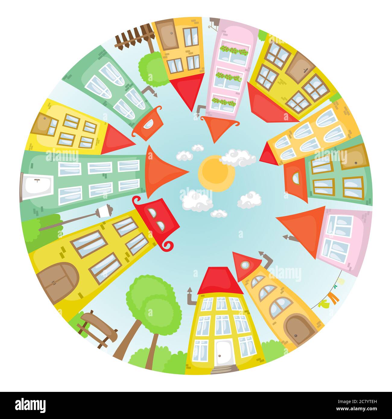 Runde Cartoon Straße mit bunten Häusern. Stockfoto