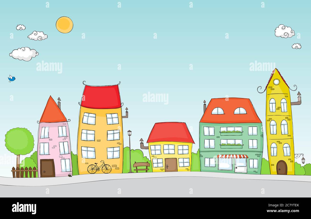 Niedliche Doodle einer bunten Cartoon-Straße Stockfoto