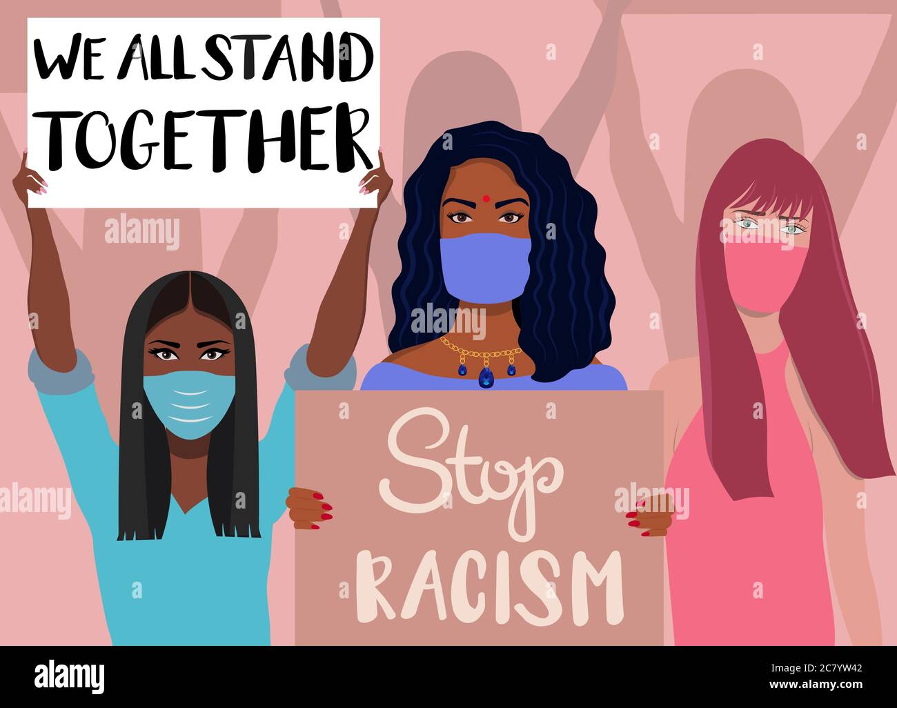 Vektor, Demonstration für Menschenrechte - Wir alle stehen zusammen, stoppen Rassismus.Multi ethnische Frauen halten Banner. Stop Rassismus Konzept. Gleichberechtigung Stock Vektor