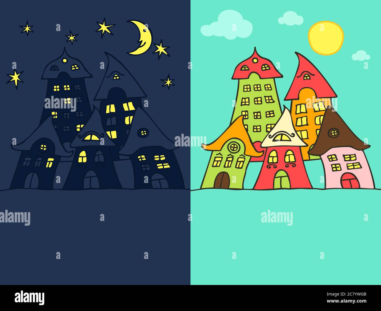 Niedlichen Cartoon Straße Tag und Nacht Stockfoto