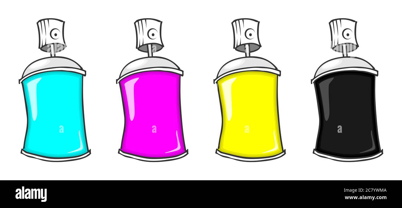 Cartoon-CMYK farbige Graffiti-Spraydosen Stockfoto