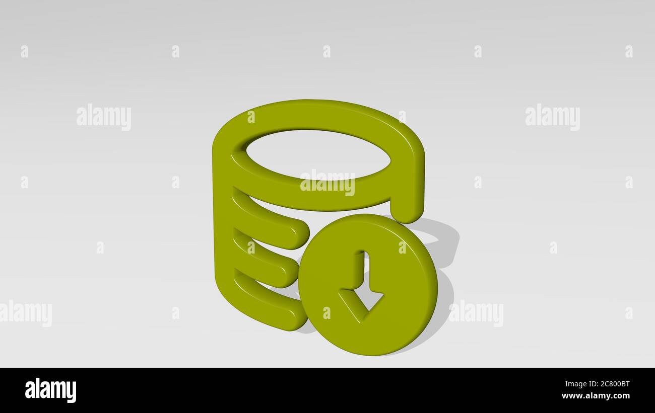 Datenbank-Download Wechsel aus einer Perspektive mit dem Schatten. Eine dicke Skulptur aus metallischen Materialien von 3D-Rendering. Illustration und Konzept Stockfoto