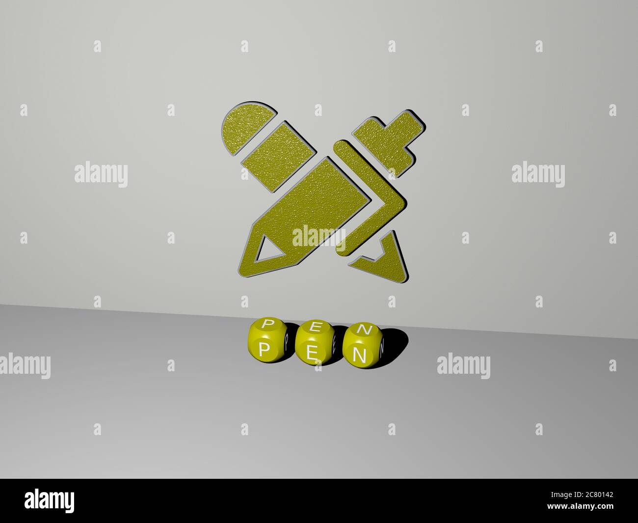 3D-Grafik-Bild des STIFTES vertikal zusammen mit Text von metallischen kubischen Buchstaben aus der oberen Perspektive gebaut, ausgezeichnet für das Konzept Präsentation und Diashows. Illustration und Hintergrund Stockfoto