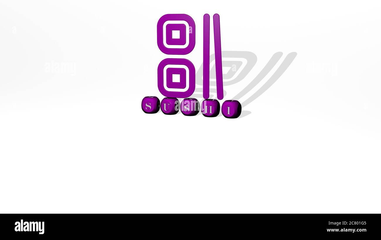 3D-Darstellung von SUSHI mit Symbol an der Wand und Text angeordnet durch metallische kubische Buchstaben auf einem Spiegelboden für Konzept Bedeutung und Diashow-Präsentation. Essen und Japanisch Stockfoto