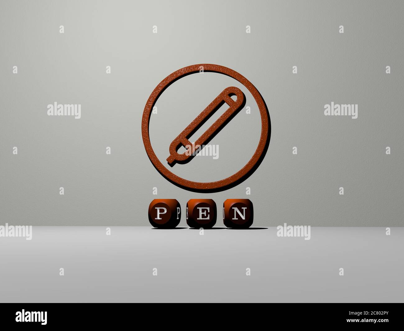 3D-Grafik-Bild des STIFTES vertikal zusammen mit Text von metallischen kubischen Buchstaben aus der oberen Perspektive gebaut, ausgezeichnet für das Konzept Präsentation und Diashows. Illustration und Hintergrund Stockfoto
