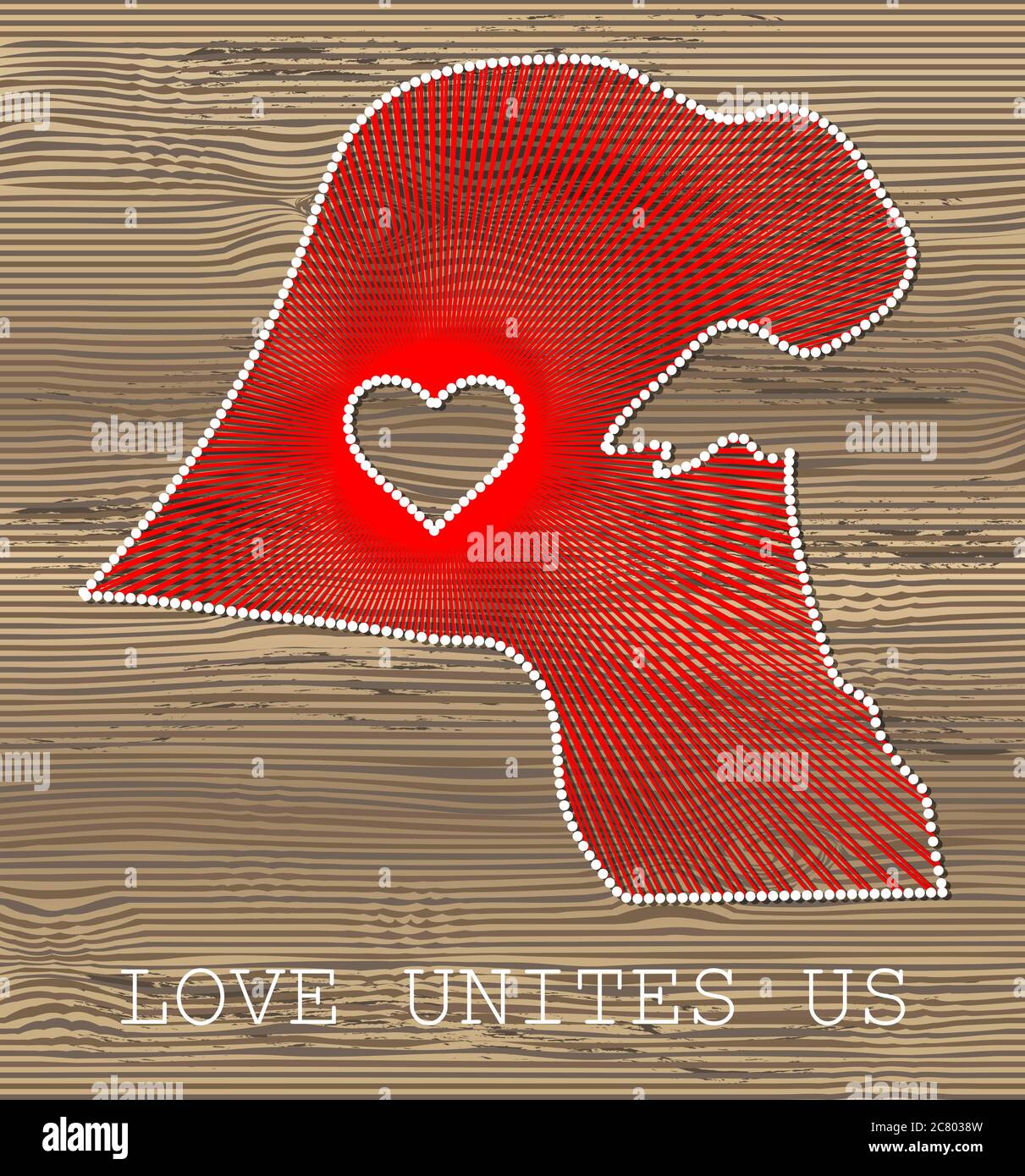 Kuwaits Kunst Vektorkarte mit Herz. Fadenkunst, Garn und Stifte auf Holzplanken Textur. Liebe verbindet uns. Botschaft der Liebe. Kuwaitische Kunstkarte Stock Vektor