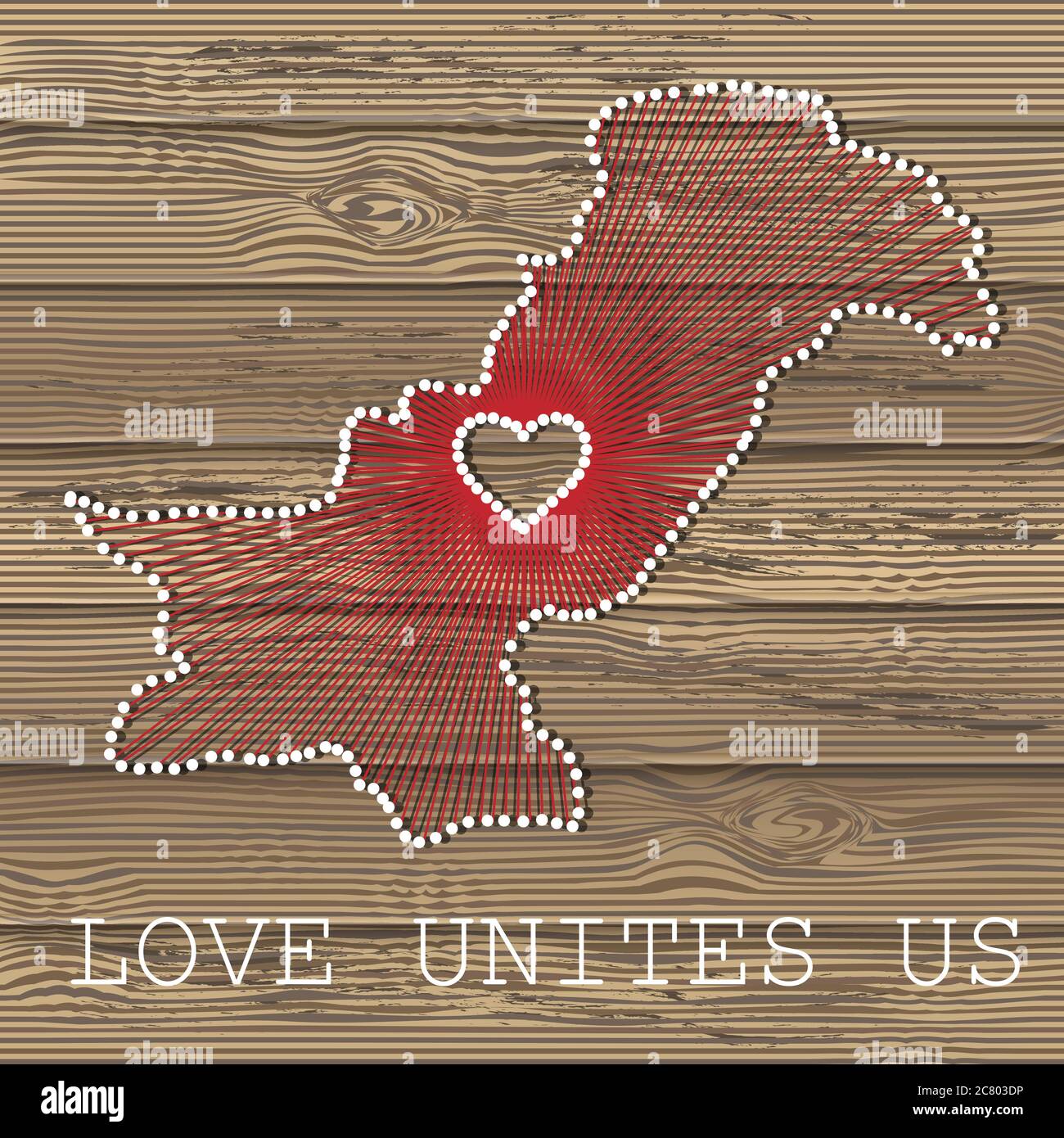 Pakistan Kunst Vektor Karte mit Herz. Fadenkunst, Garn und Stifte auf Holzplanken Textur. Liebe verbindet uns. Botschaft der Liebe. Pakistan Kunstkarte Stock Vektor