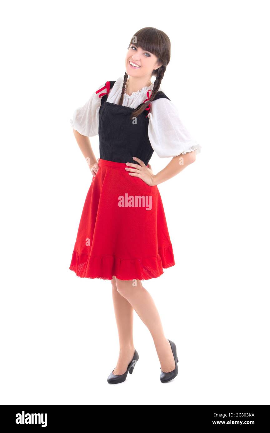 Junge Frau in typisch bayerischem Kleid Dirndl über Weiß Stockfoto